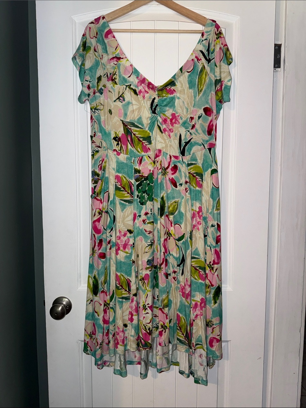 torrid Teal Floral Midi off-the-shoulder Dress with Pink and Green Accents